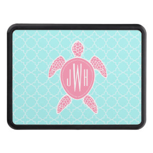 Monogrammed Pink Sea Turtle + Blue Quatrefoil Trailer Hitch Cover