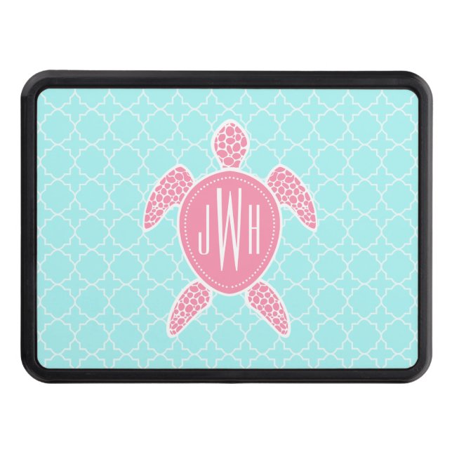 Monogrammed Pink Sea Turtle + Blue Quatrefoil Trailer Hitch Cover (Front)