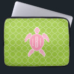 Monogrammed Pink Sea Turtle Green Quatrefoil Laptop Sleeve<br><div class="desc">A gift featuring an illustration of a pink sea turtle.  Personalize with your monogram on turtle's shell.  Background is lime green quatrefoil pattern.</div>