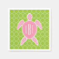 Monogrammed Pink Sea Turtle Green Quatrefoil