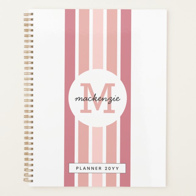 Monogrammed Pink Shade Stripes Personalized Planner (Front)