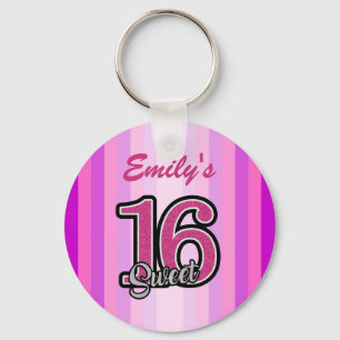 Monogrammed Pink Stripes And Glitter Keychain