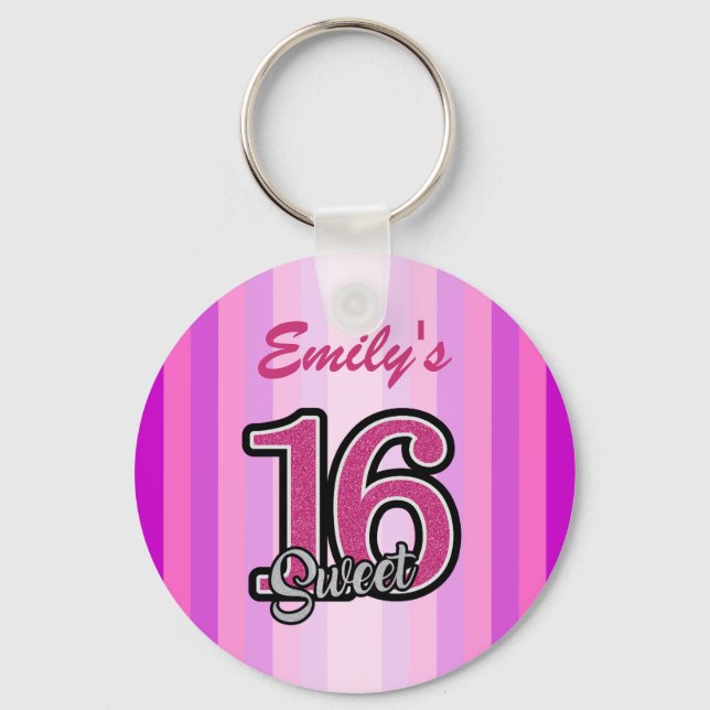 Monogrammed Pink Stripes And Glitter Keychain (Front)