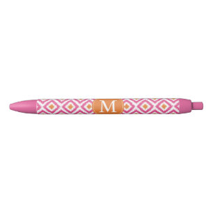 Monogrammed Pink Tangerine Diamond Ikat Pattern Black Ink Pen