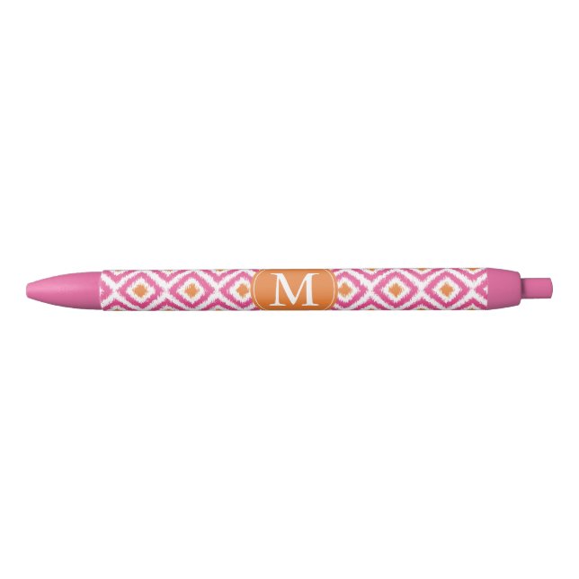 Monogrammed Pink Tangerine Diamond Ikat Pattern Black Ink Pen (Front)