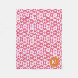Monogrammed Pink Tangerine Diamonds Ikat Pattern Fleece Blanket