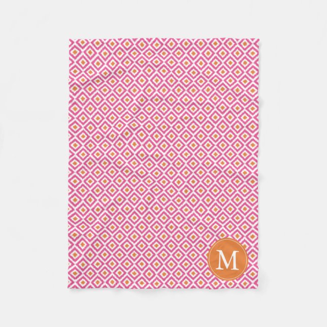 Monogrammed Pink Tangerine Diamonds Ikat Pattern Fleece Blanket (Front)