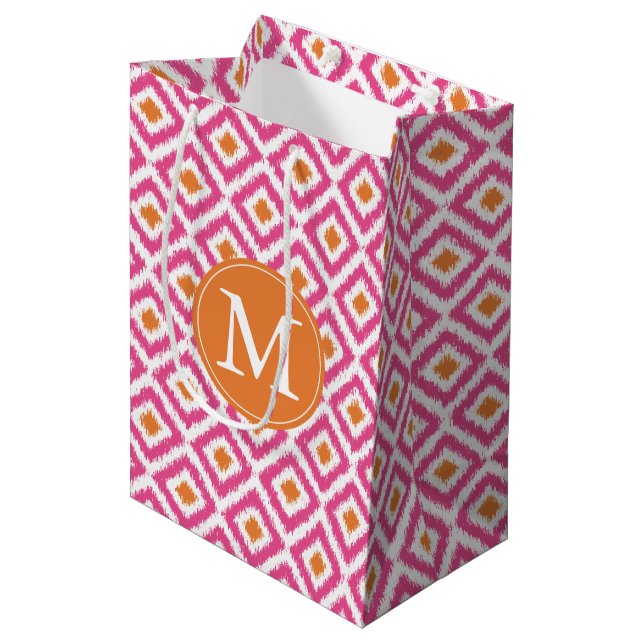 Monogrammed Pink Tangerine Diamonds Ikat Pattern Medium Gift Bag (Front Angled)