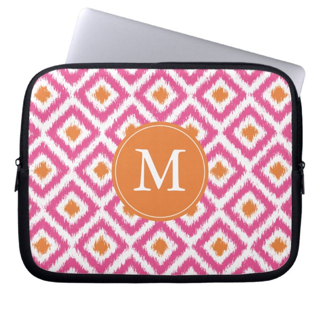 Monogrammed Pink Tangerine Ikat Pattern Laptop Sleeve (Front)