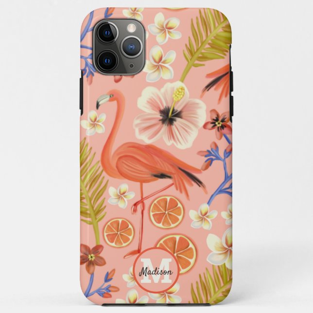Monogrammed Pink Tropical Flamingo Floral Pattern Case-Mate iPhone Case (Back)