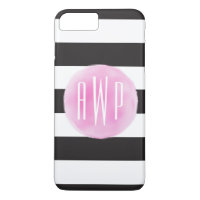 Monogrammed Pink Watercolor Black + White Stripes