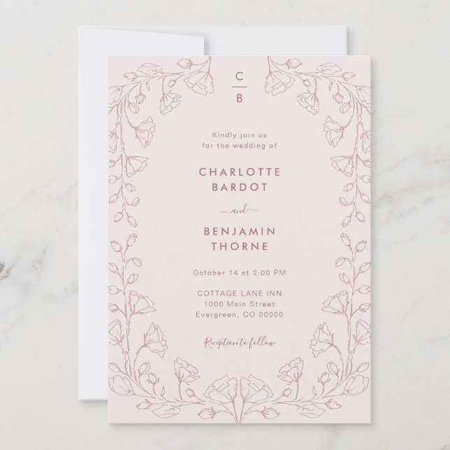 Monogrammed Pink Wedding Invitation (Front)