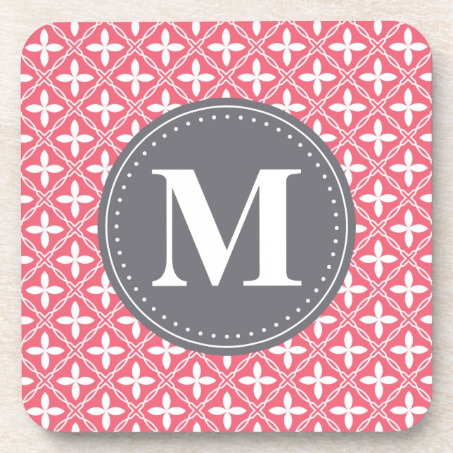 Monogrammed Pink White Floral Lattice Pattern Coaster (Front)