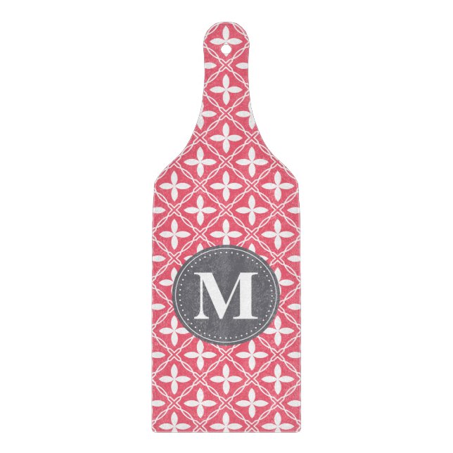 Monogrammed Pink White Floral Lattice Pattern Cutting Board (Front)