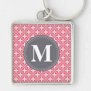 Monogrammed Pink White Floral Lattice Pattern Keychain