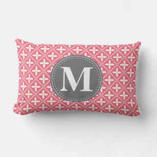Monogrammed Pink White Floral Lattice Pattern Lumbar Pillow
