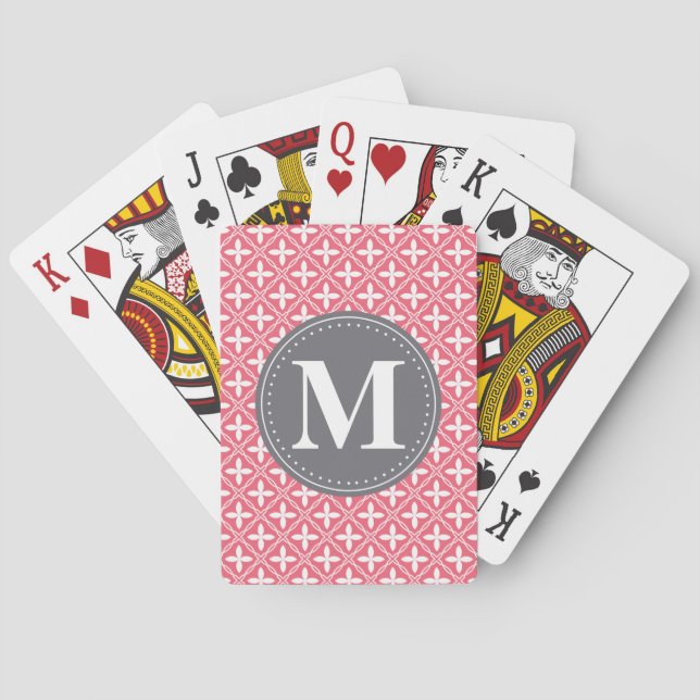 Monogrammed Pink White Floral Lattice Pattern Playing Cards (Back)