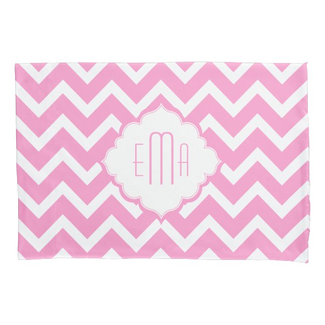 Monogrammed Pink & White Geometric Zigzag Chevron Pillowcase (Front)