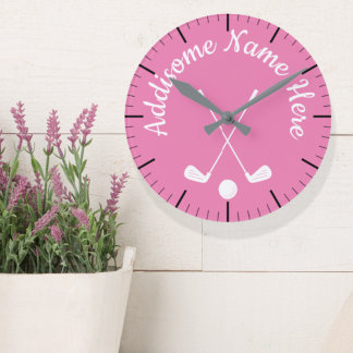 Monogrammed Pink White golfball club Round Clock