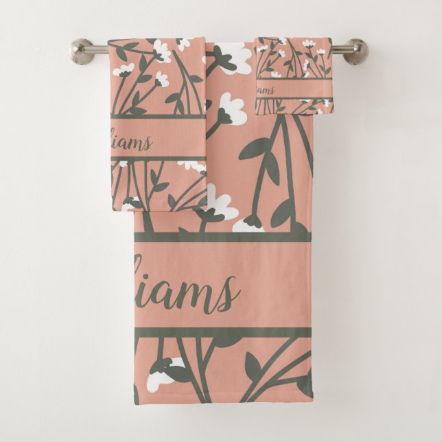 Monogrammed Pink White Green Floral  Bath Towel Set (Insitu)