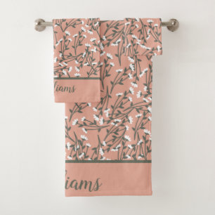 Monogrammed Pink White Green Floral  Bath Towel Set