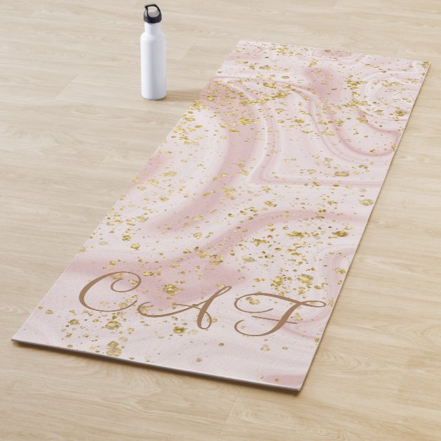 Monogrammed Pink White Marble Swirl Gold Glitter Yoga Mat (In Situ)