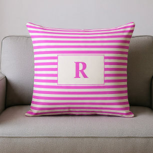 Monogrammed Pink/White Stripes Throw Pillow