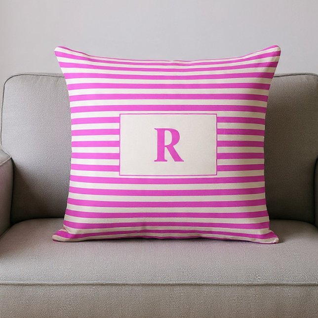 Monogrammed Pink/White Stripes Throw Pillow (Creator Uploaded)