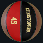 Monogrammed Player Club Team Name Number Custom Basketball<br><div class="desc">Create your own custom, personalized, faux gold elegant stylish typography / script / text / name on black and red background, regulation size, hand stitched basketball. Simply enter the player / team / club / school / college / event / tournament name, and player jersey number, to customize. While you...</div>
