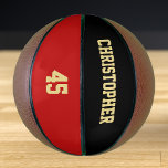 Monogrammed Player Club Team Name Number Custom Basketball<br><div class="desc">Create your own custom, personalized, faux gold elegant stylish typography / script / text / name on black and red background, regulation size, hand stitched basketball. Simply enter the player / team / club / school / college / event / tournament name, and player jersey number, to customize. While you...</div>