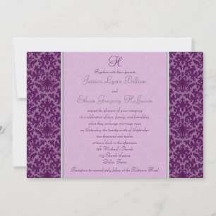 Monogrammed Plum Damask Wedding Invitation