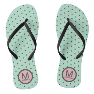 Monogrammed Polka Dots Aqua Blue Pink Flip Flops