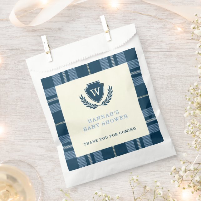 Monogrammed Preppy Blue Plaid Baby Shower  Favour Bag (Clipped)