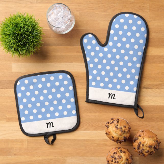 Monogrammed Pretty Pattern Sky Blue Polka Dot Oven Mitt & Pot Holder Set (Top Down)