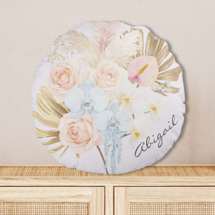 Monogrammed Pretty Tropical Flower Bouquet Floral Round Pillow