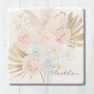 Monogrammed Pretty Tropical Flower Bouquet Floral Stone Coaster