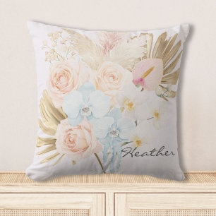 Monogrammed Pretty Tropical Flower Bouquet Floral Throw Pillow