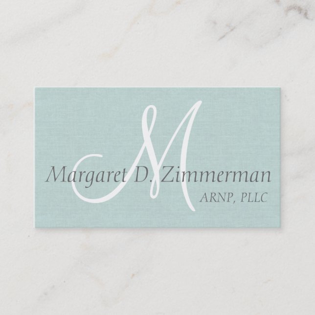 Monogrammed Professional, Paste Blue Linen Business Card (Front)