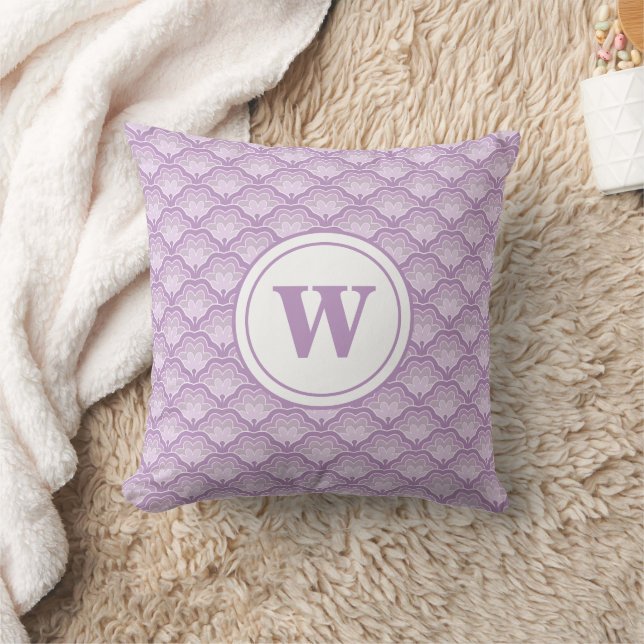 Monogrammed Purple Abstract Floral Pattern Throw Pillow (Blanket)