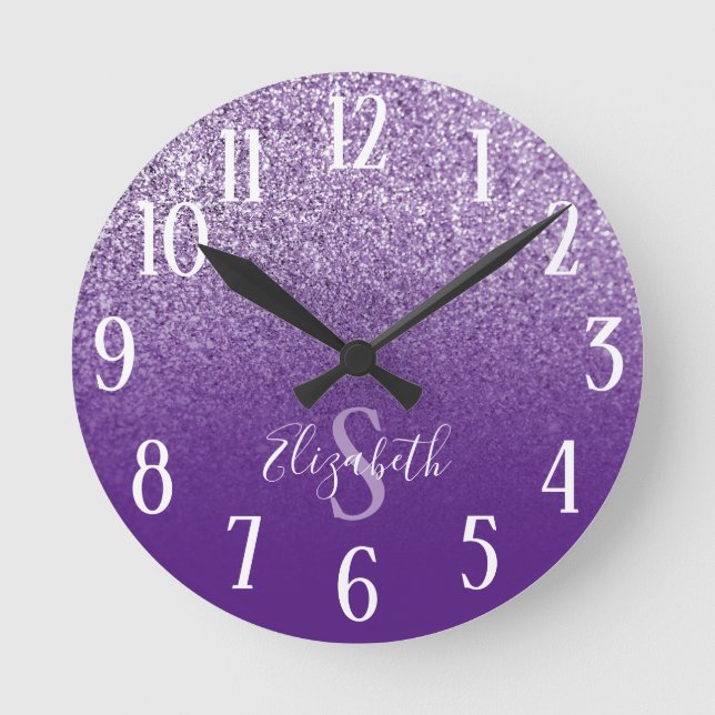 Monogrammed Purple and Amethyst Glitter Ombre Round Clock (Front)