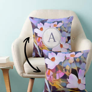 Monogrammed Purple and Blue Floral Throw Pillow