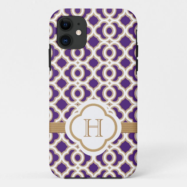 Monogrammed Purple and Gold Moroccan Case-Mate iPhone Case (Back)