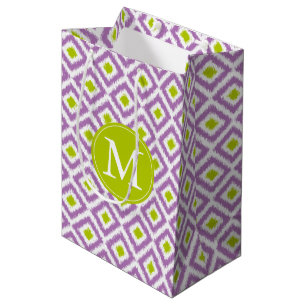 Monogrammed Purple and Green Diamonds Ikat Pattern Medium Gift Bag