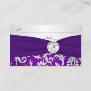 Monogrammed Purple and Silver Damask Place Cards