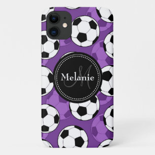 Monogrammed Purple Black Soccer Ball Pattern iPhone 11 Case