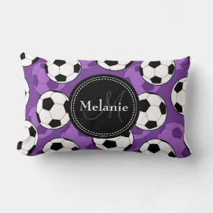 Monogrammed Purple Black Soccer Ball Pattern Lumbar Pillow