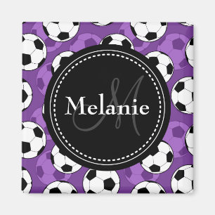 Monogrammed Purple Black Soccer Ball Pattern Magnet