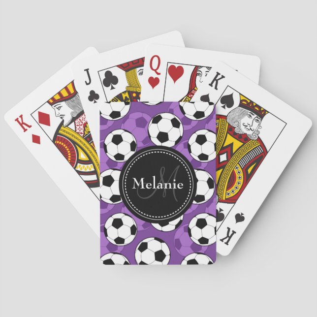 Monogrammed Purple Black Soccer Ball Pattern Playing Cards (Back)