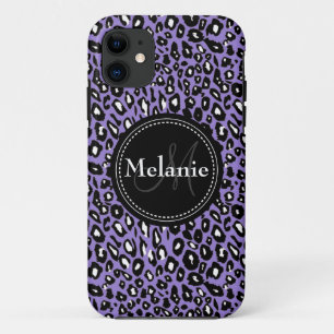 Monogrammed Purple Black White Leopard Pattern iPhone 11 Case