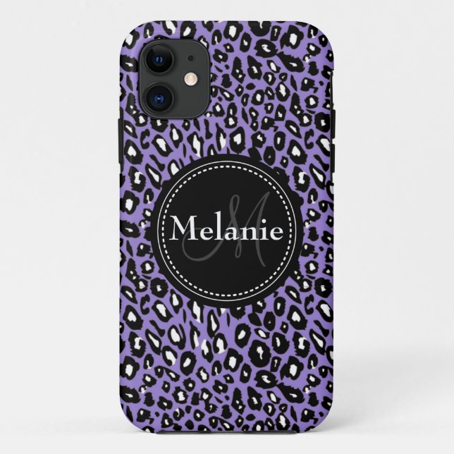 Monogrammed Purple Black White Leopard Pattern Case-Mate iPhone Case (Back)